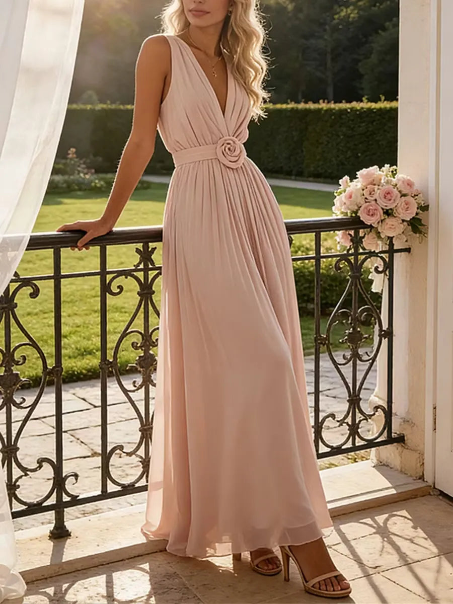Romantic A-Line V-Neck Sleeveless Closed-Back Floor-Length Wedding Guest Dress