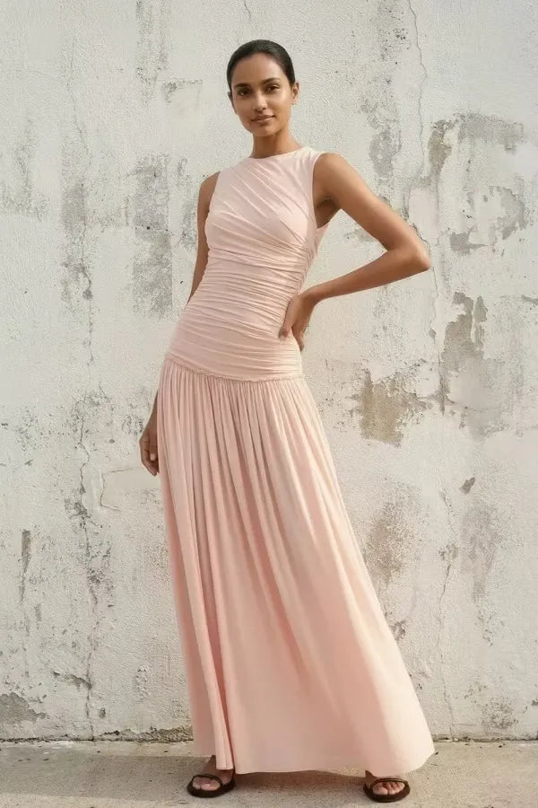 Loverlm blush pink wedding guest dress with high neckline ruched bodice drop waist and flowing floor-length A-line skirt