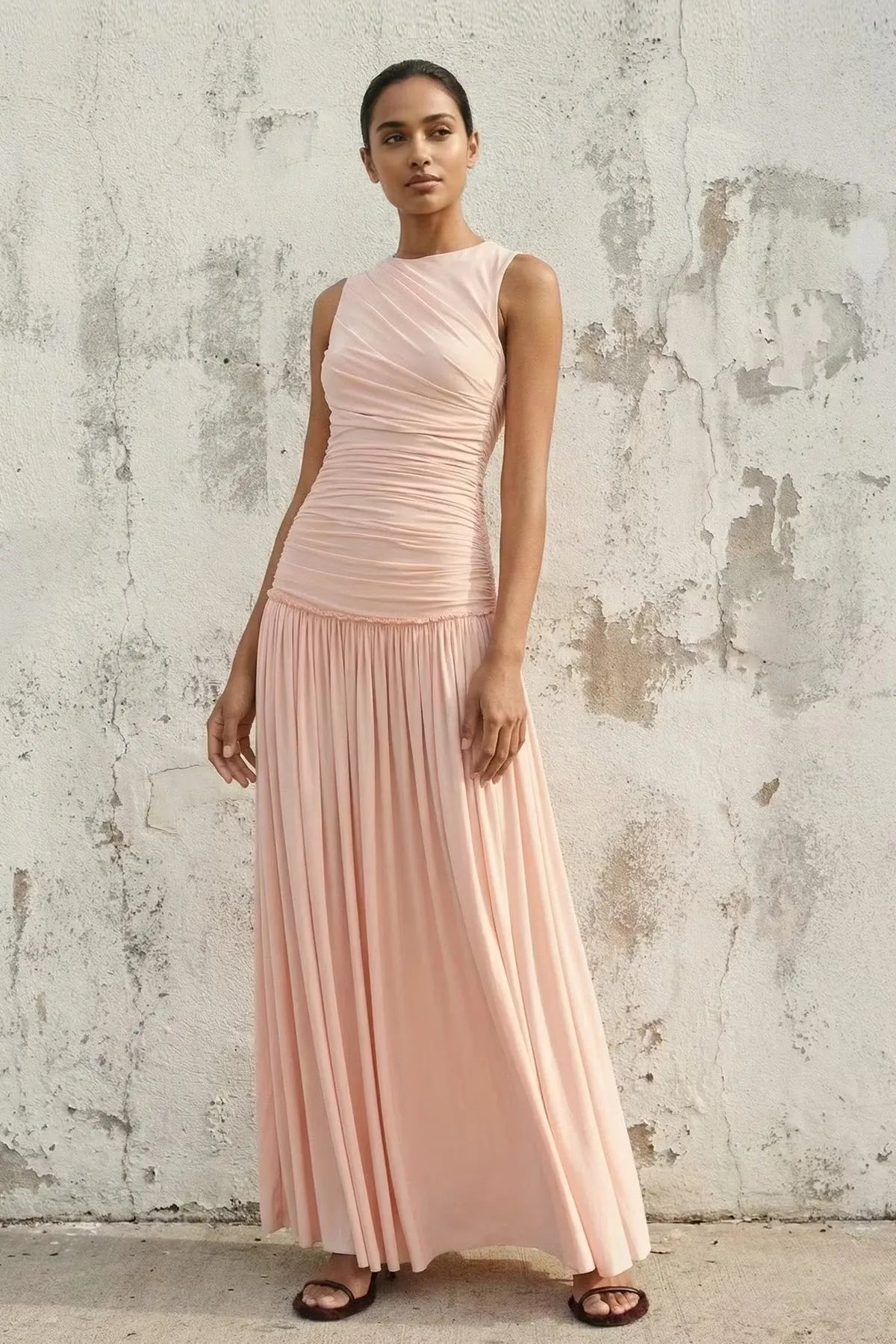 Romantic A-Line High-Neck Sleeveless Open-Back Floor-Length Wedding Guest Dress