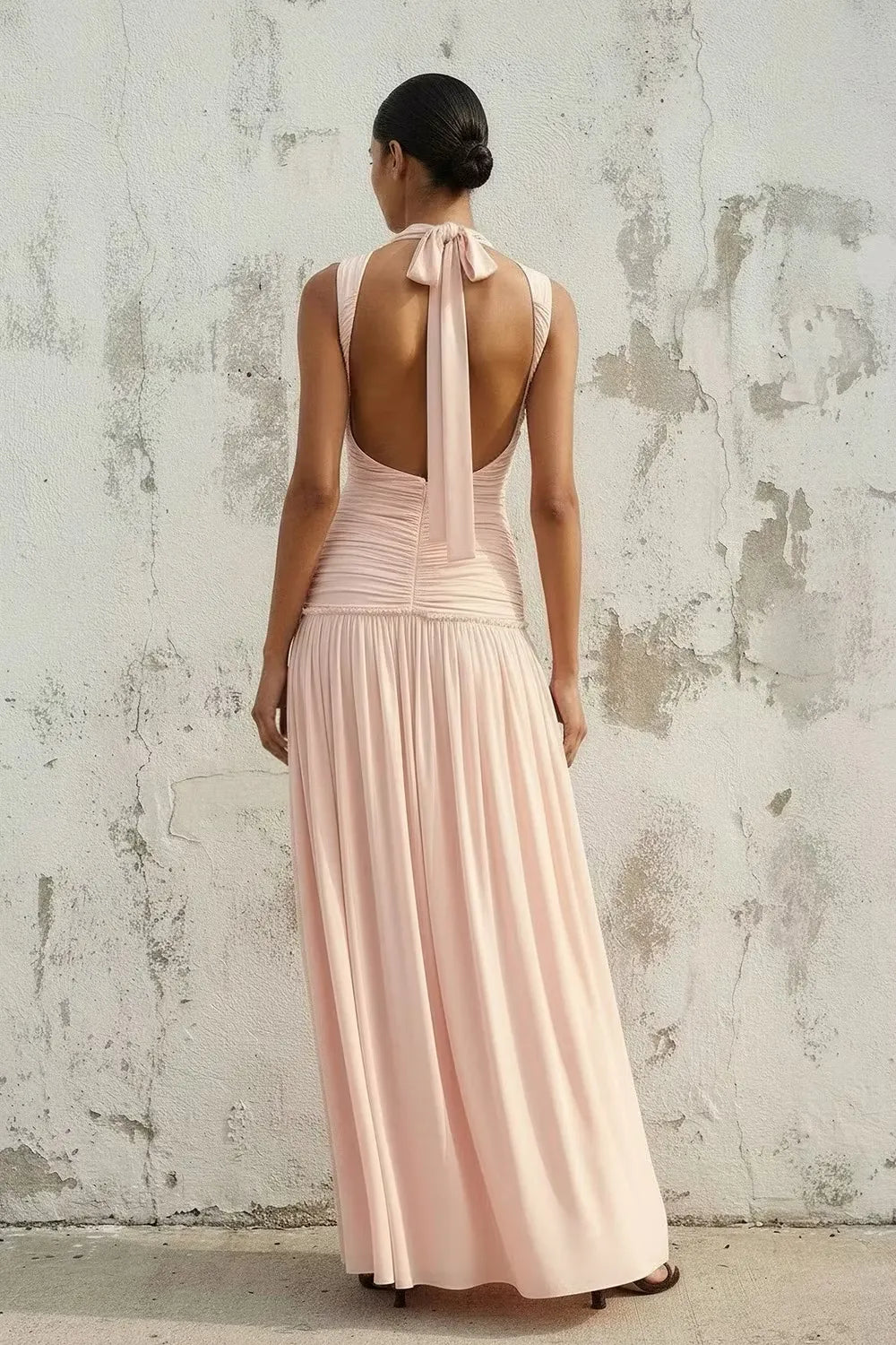 Romantic A-Line High-Neck Sleeveless Open-Back Floor-Length Wedding Guest Dress