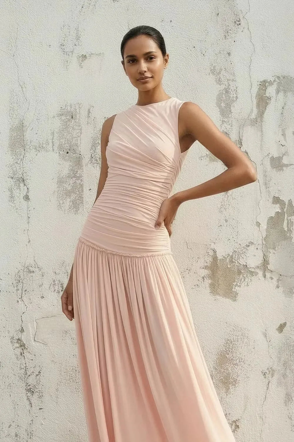 Romantic A-Line High-Neck Sleeveless Open-Back Floor-Length Wedding Guest Dress