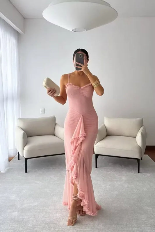 Loverlm blush pink wedding guest dress with spaghetti straps ruched bodice front slit ruffle trim and floor-length sheath silhouette