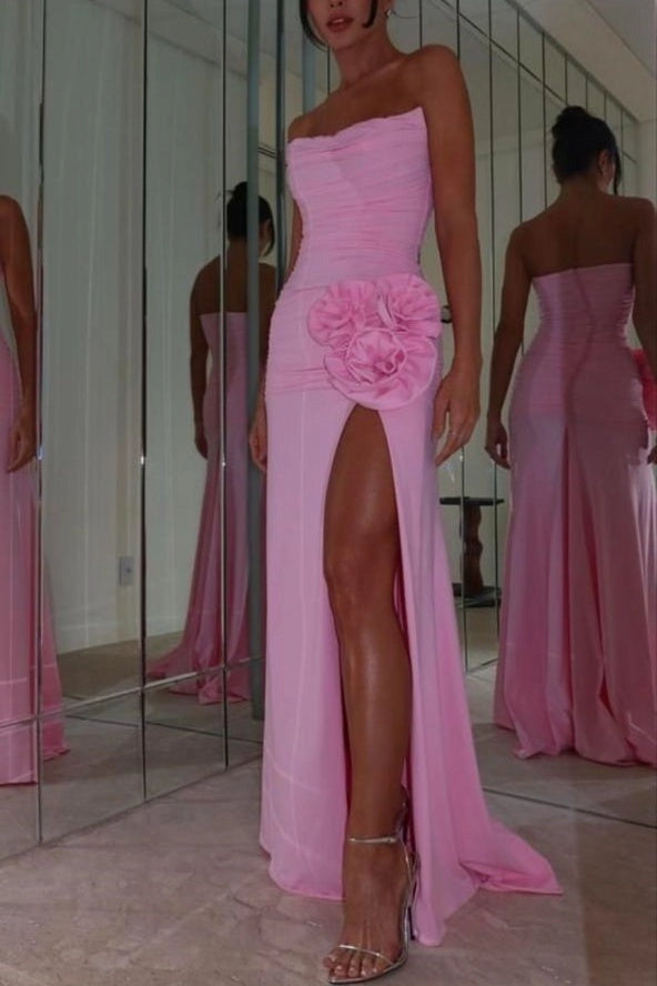 Loverlm Elegant Chiffon Ruched Sheath Strapless Straight-Back High-Slit Floor-Length Prom Dress