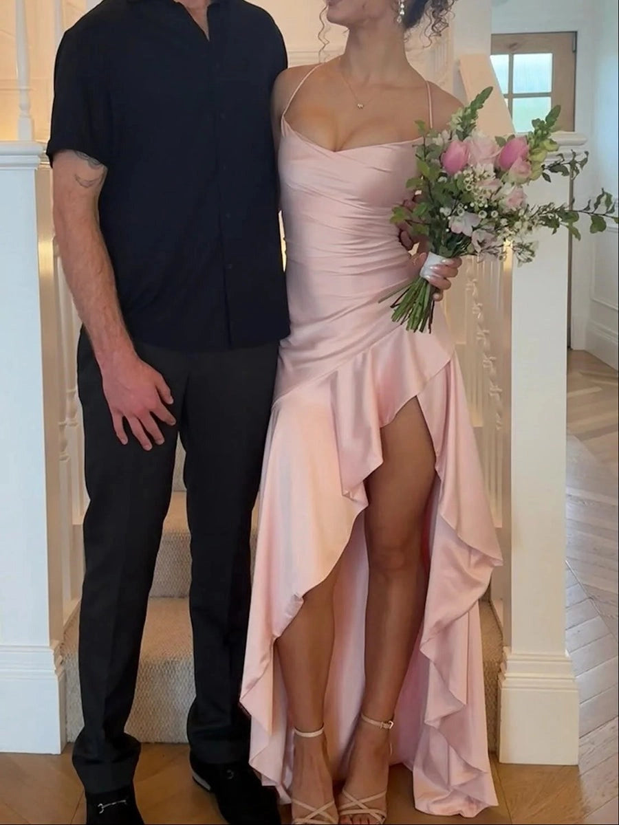 Loverlm blush pink satin prom dress with cowl neckline, ruched bodice and cascading high-low skirt front view
