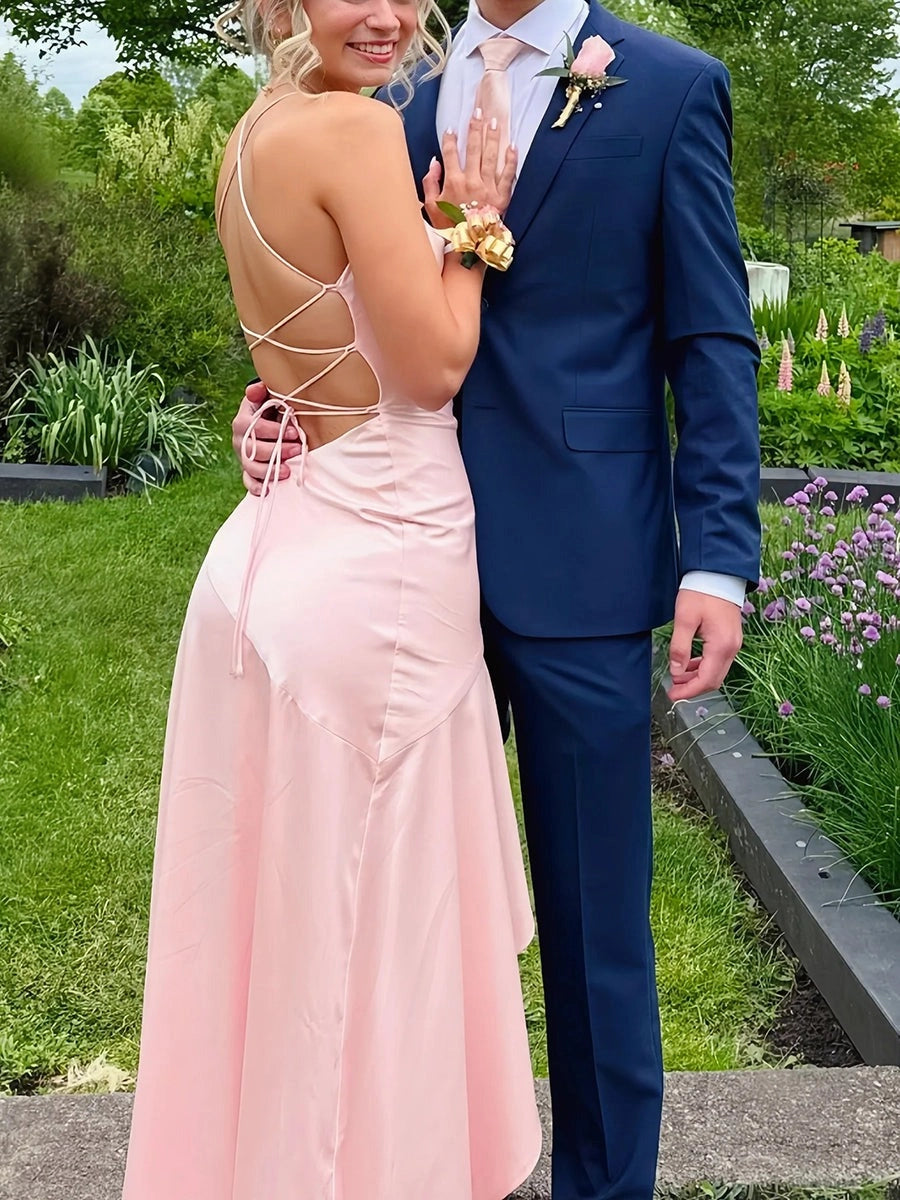 Romantic Satin Sheath Cowl Neck Sleeveless Lace-Up Back High-Low Prom Dress