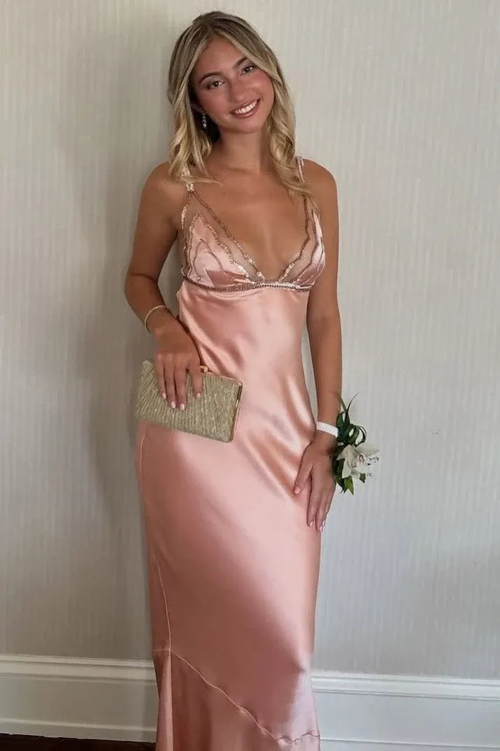 Loverlm blush pink satin prom dress with deep V-neck embellished spaghetti straps and sleek floor-length sheath silhouette