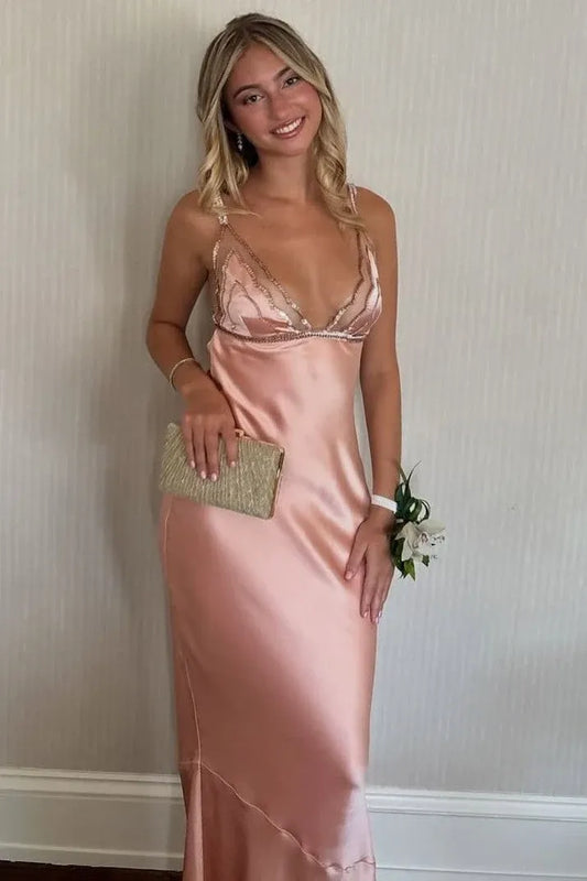 Loverlm blush pink satin prom dress with deep V-neck embellished spaghetti straps and sleek floor-length sheath silhouette