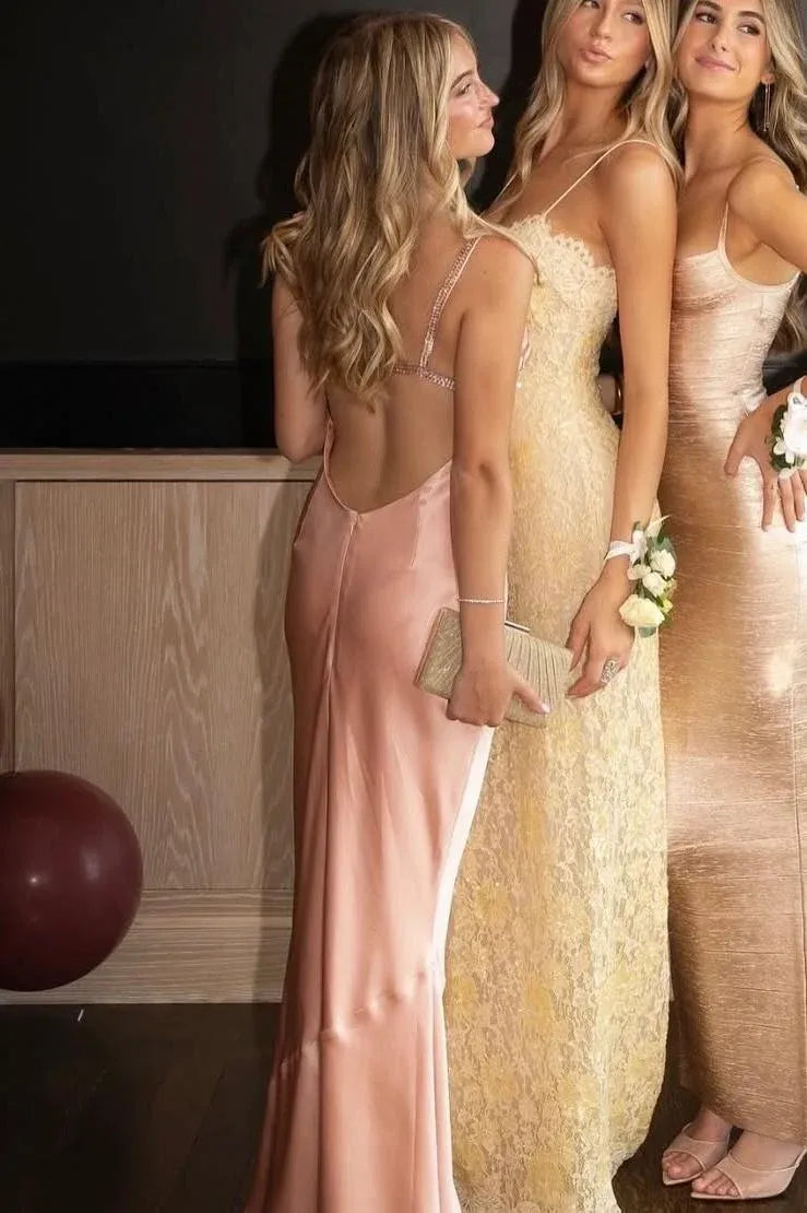 Elegant Sheath Deep V-Neck Spaghetti Strap Open-Back Floor-Length Prom Dress