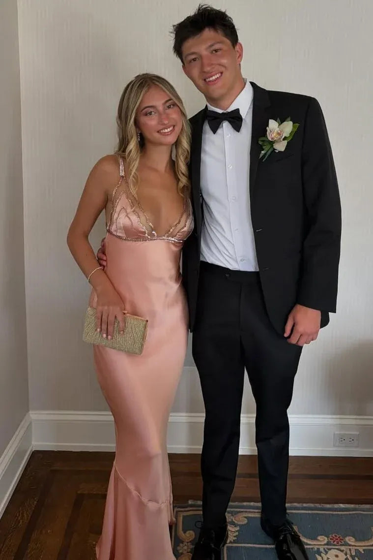 Elegant Sheath Deep V-Neck Spaghetti Strap Open-Back Floor-Length Prom Dress