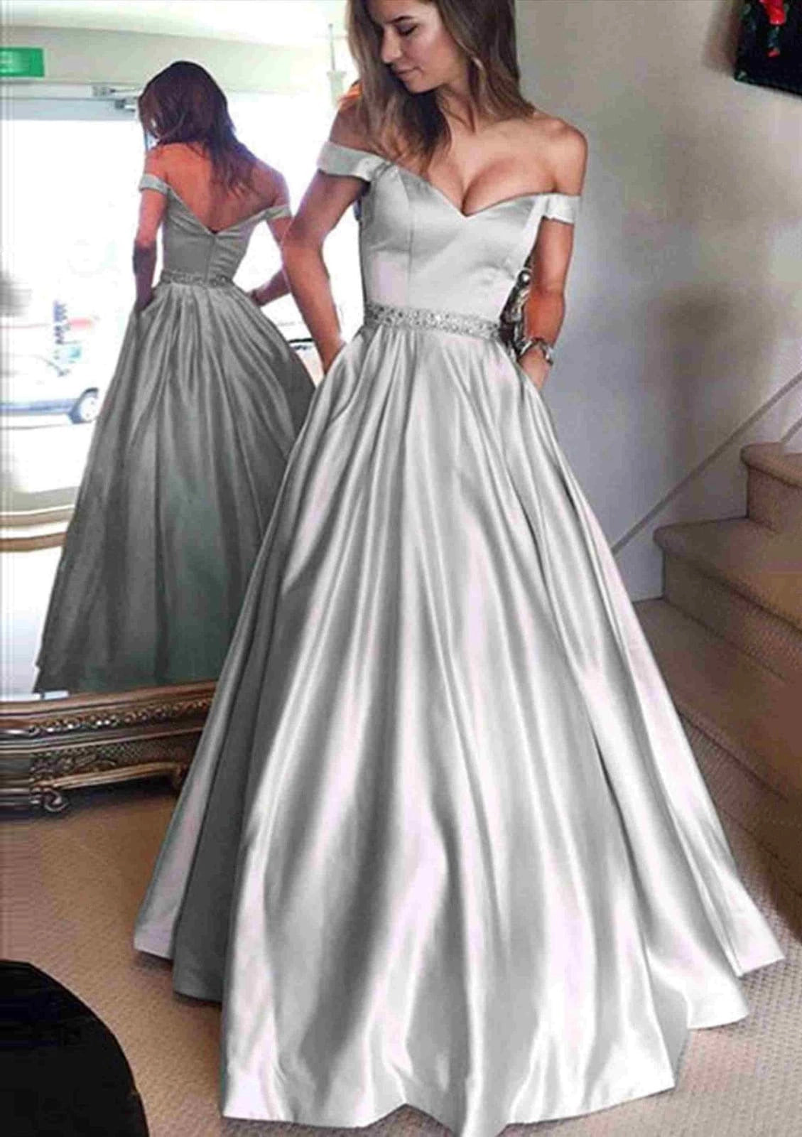 Romantic Ball Gown Sweetheart Off Shoulder V-Back Full Skirt Floor-Length Prom Dress