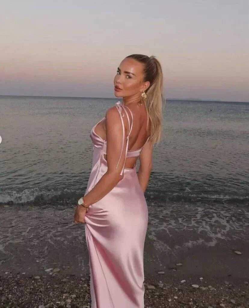 Elegant Satin Sheath V-Neck Sleeveless Cutout Back Ankle-Length Prom Dress