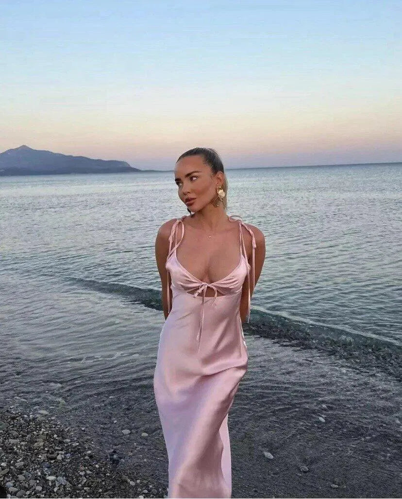 Elegant Satin Sheath V-Neck Sleeveless Cutout Back Ankle-Length Prom Dress