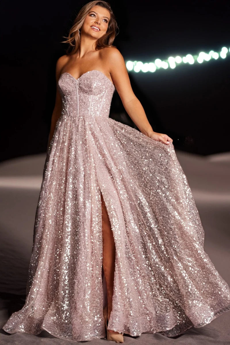 Loverlm blush pink sequin A-line prom dress with sweetheart strapless corset bodice front slit and sparkling floor-length skirt