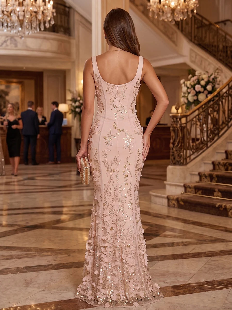 Glamorous Mermaid Scoop Neck Sleeveless Sequin Tulle Floor Length Evening Dress