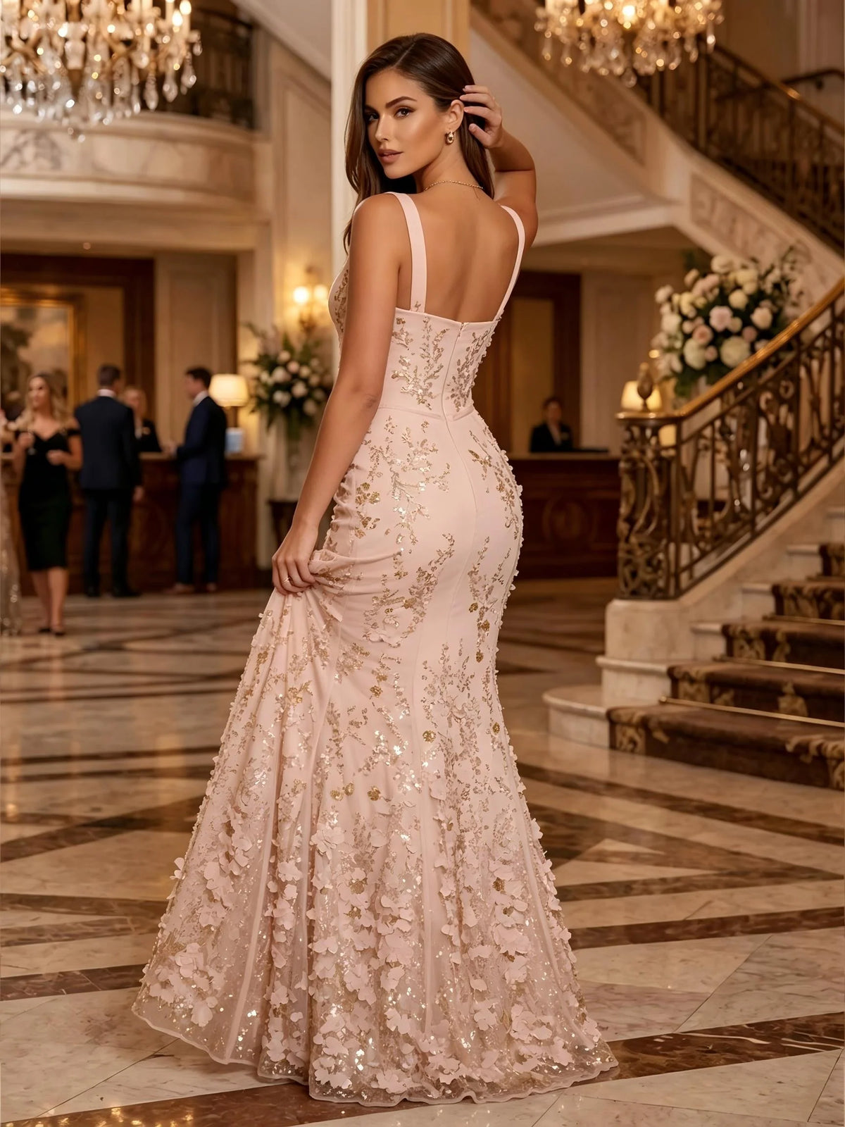 Glamorous Mermaid Scoop Neck Sleeveless Sequin Tulle Floor Length Evening Dress