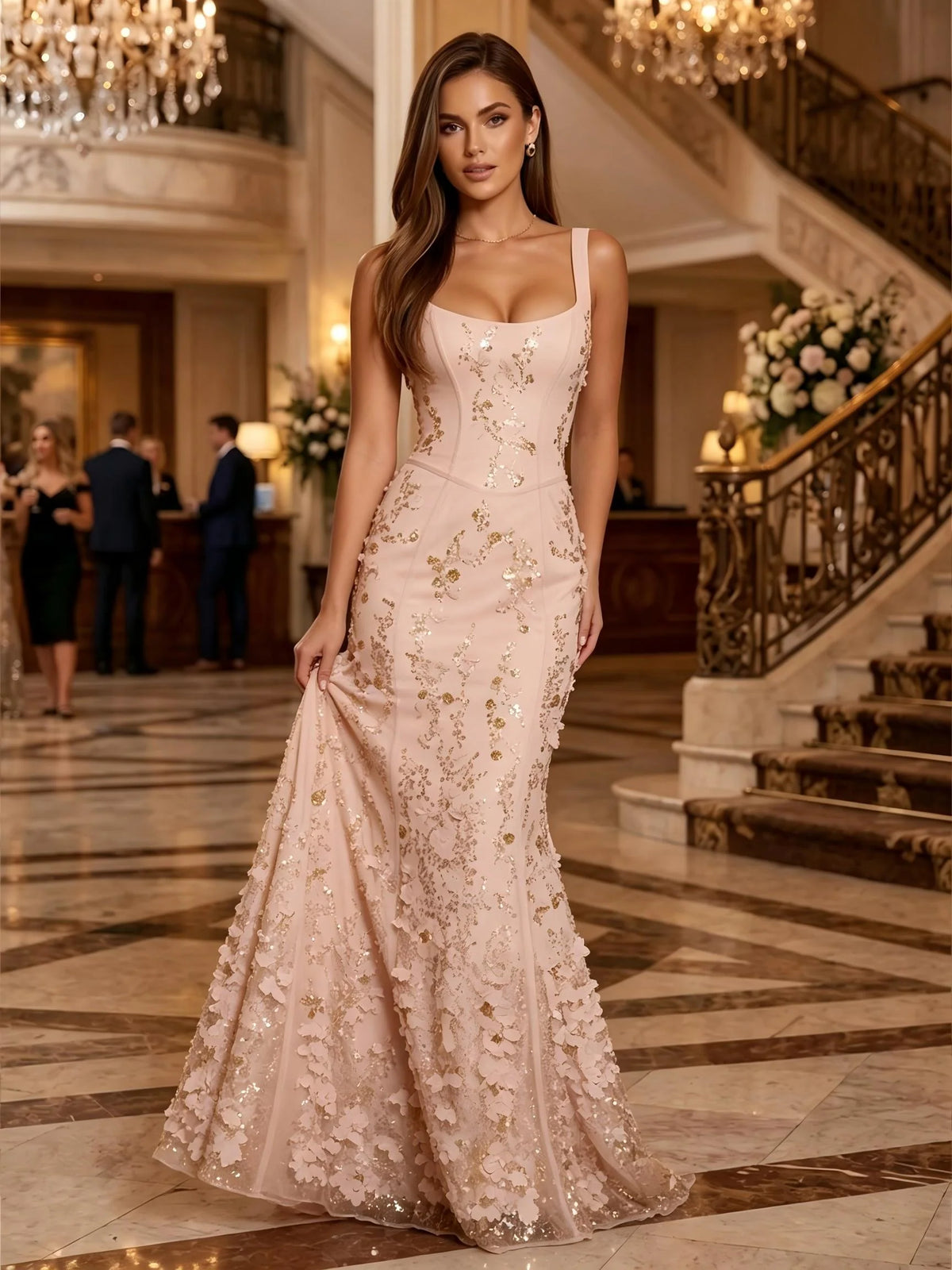 Glamorous Mermaid Scoop Neck Sleeveless Sequin Tulle Floor Length Evening Dress