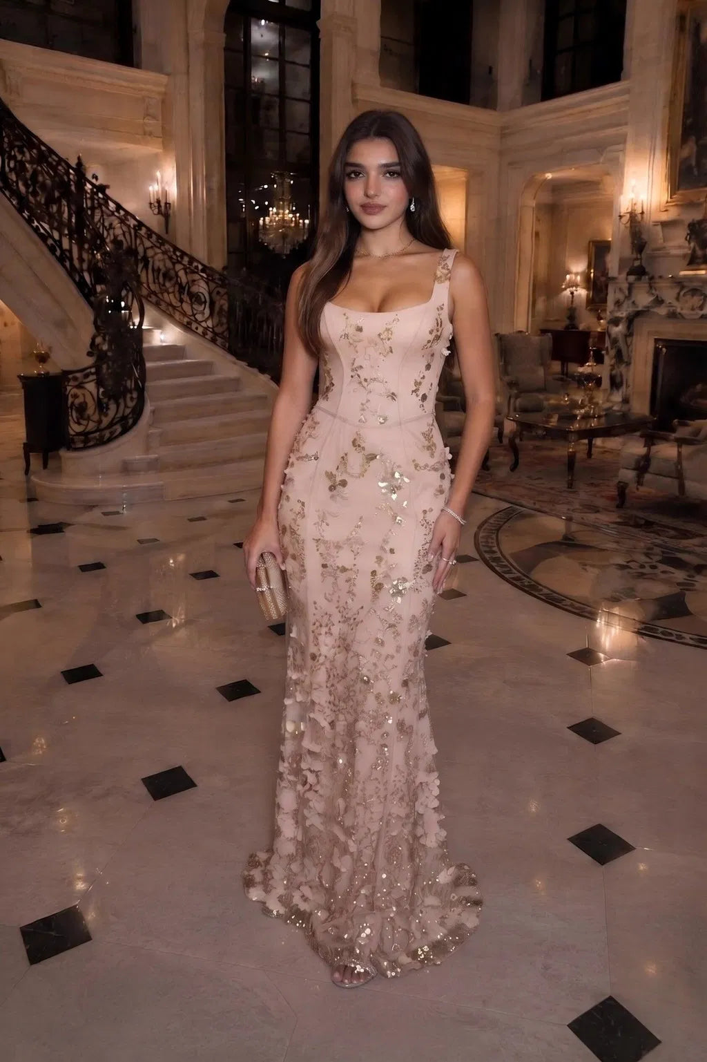 Glamorous Mermaid Scoop Neck Sleeveless Sequin Tulle Floor Length Evening Dress