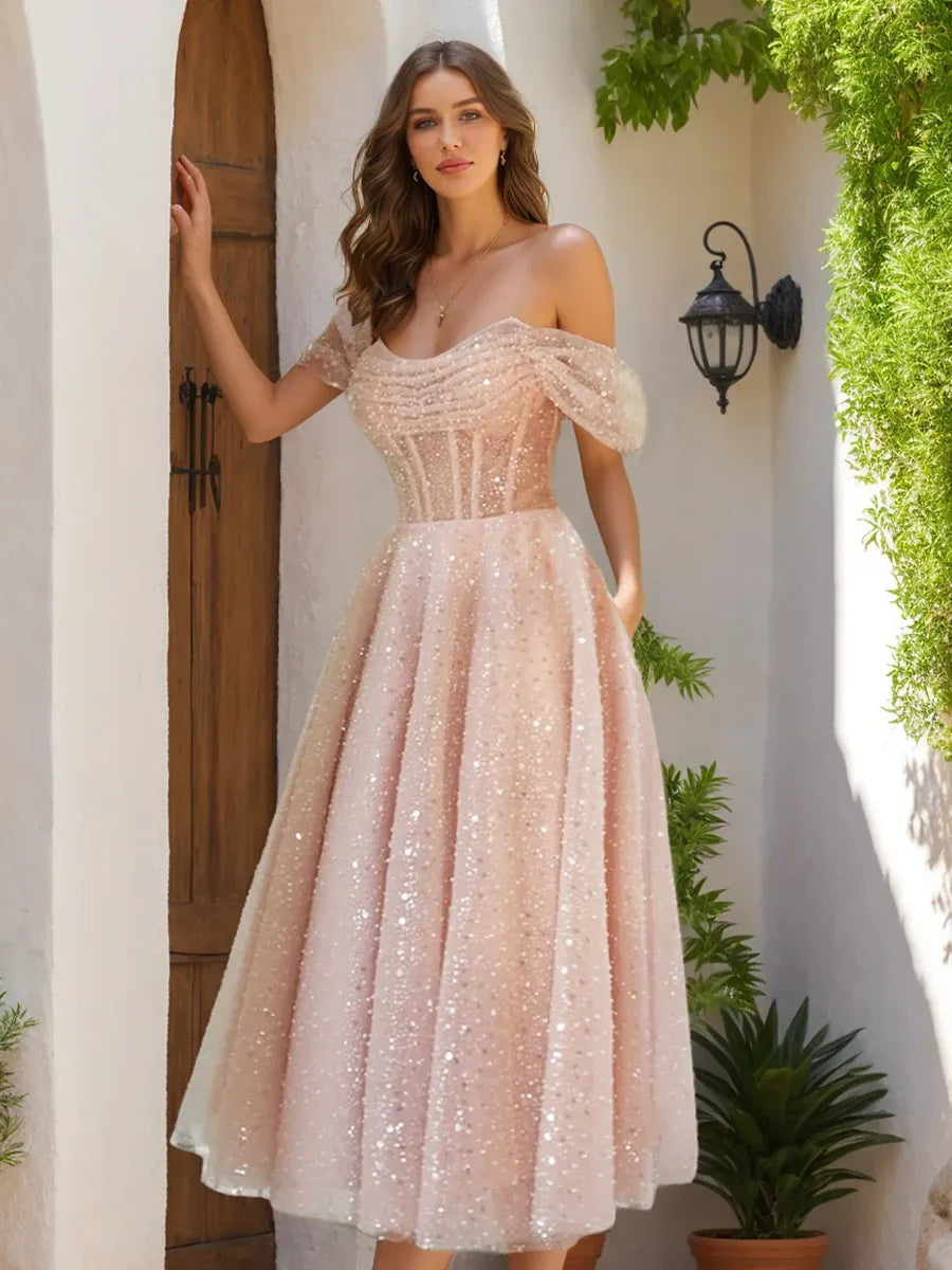 Loverlm blush pink sequin A-line homecoming dress with off-shoulder neckline and tea-length skirt front view