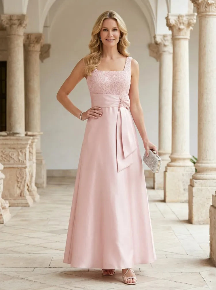 Loverlm blush pink Mother of the Bride dress with square neckline lace bodice satin bow waist and floor-length A-line skirt