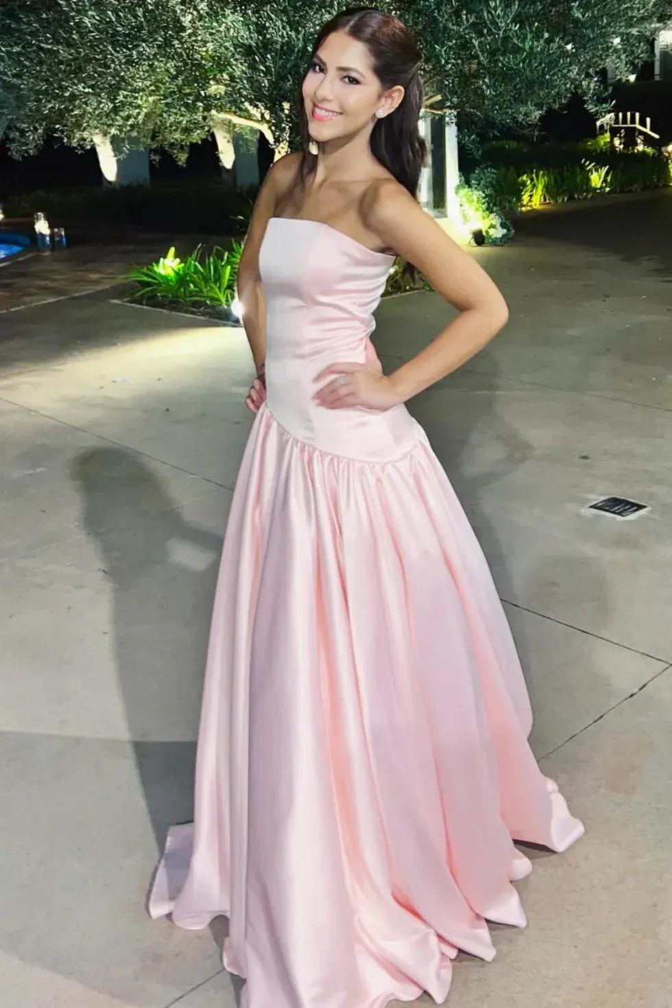 Loverlm blush pink strapless prom dress with straight neckline drop-waist bodice and full satin floor-length A-line skirt