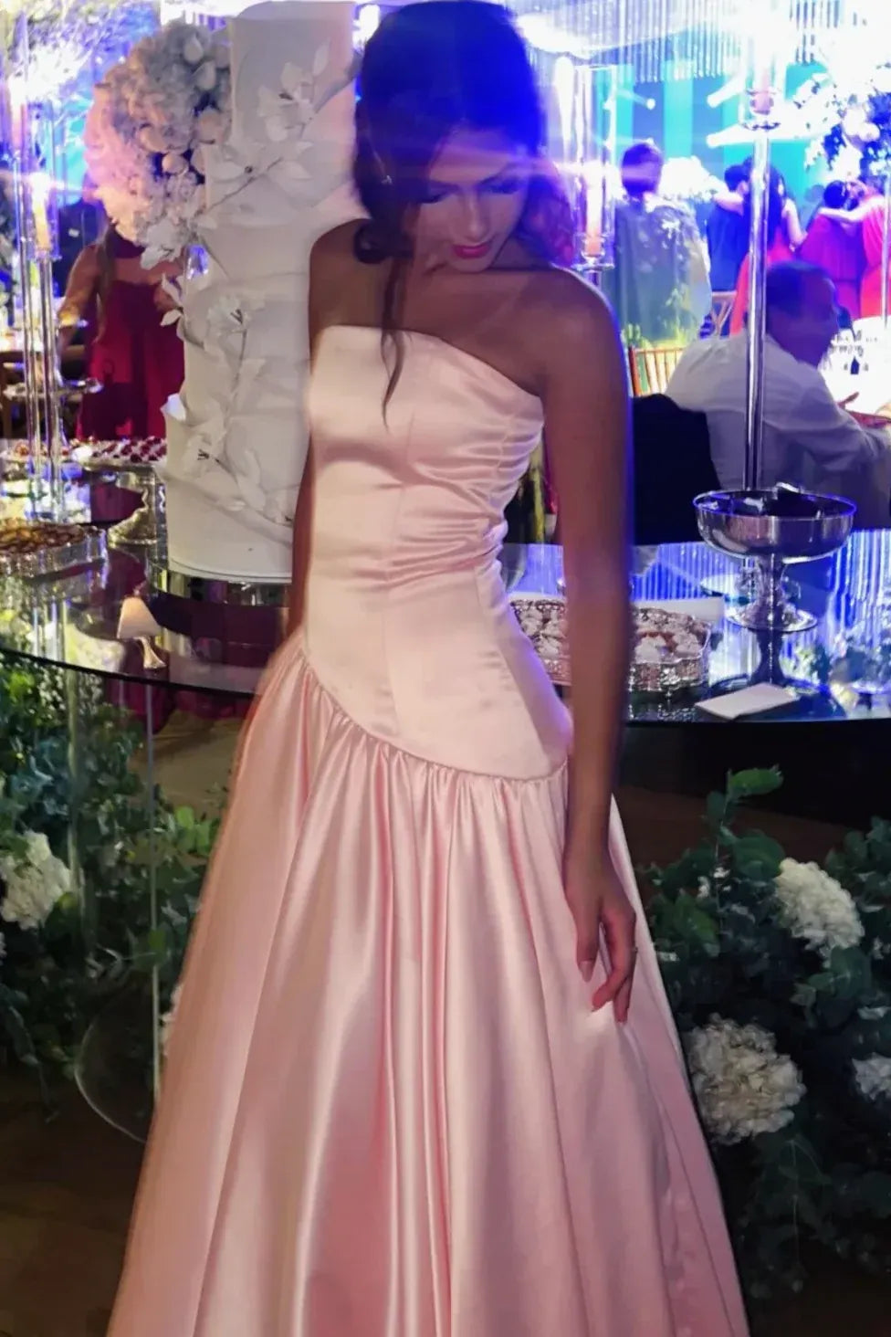 Elegant A-Line Straight Strapless Drop-Waist Satin Floor-Length Prom Dress