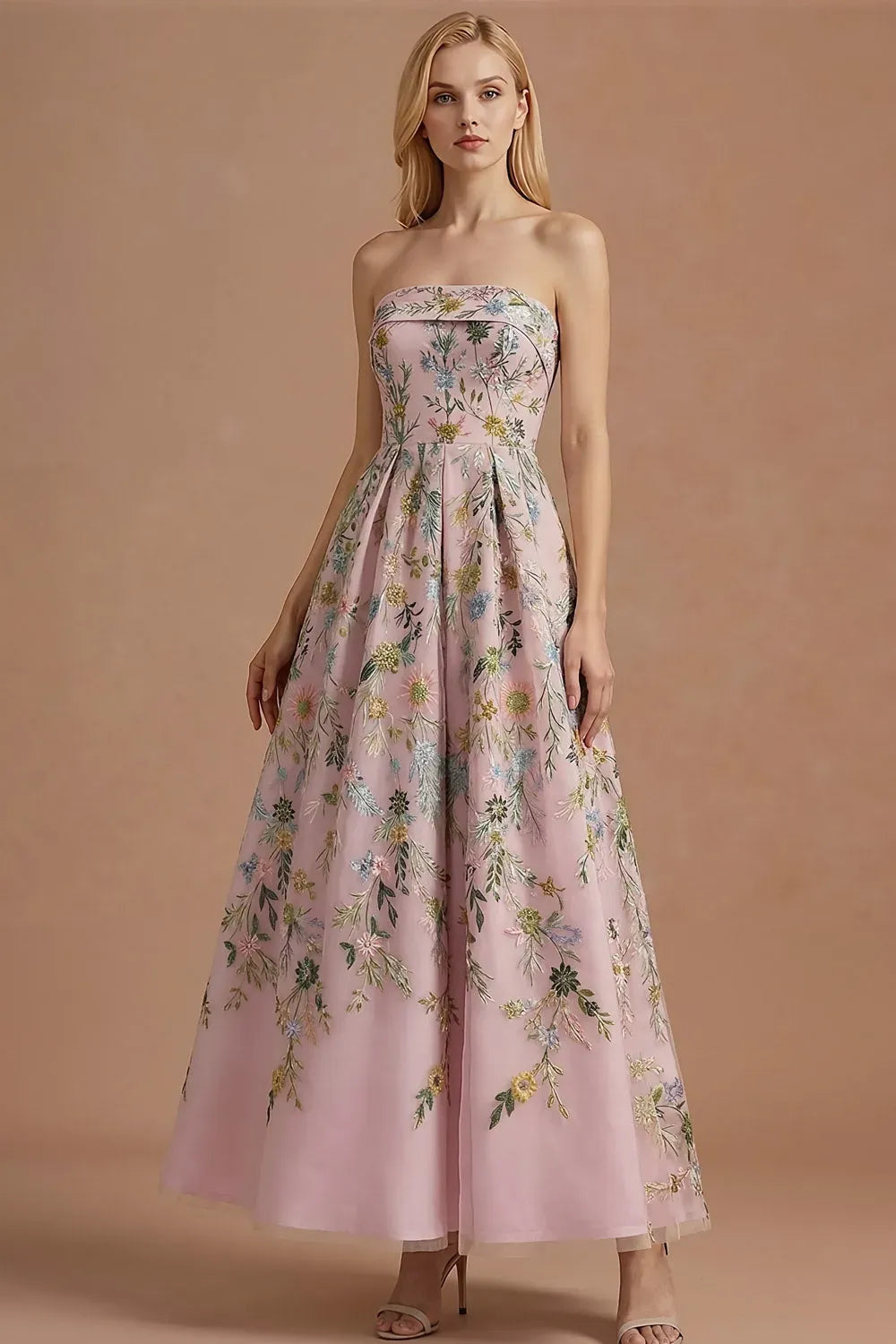 Loverlm blush pink floral embroidered wedding guest dress with strapless straight neckline, fitted bodice and full A-line ankle-length skirt