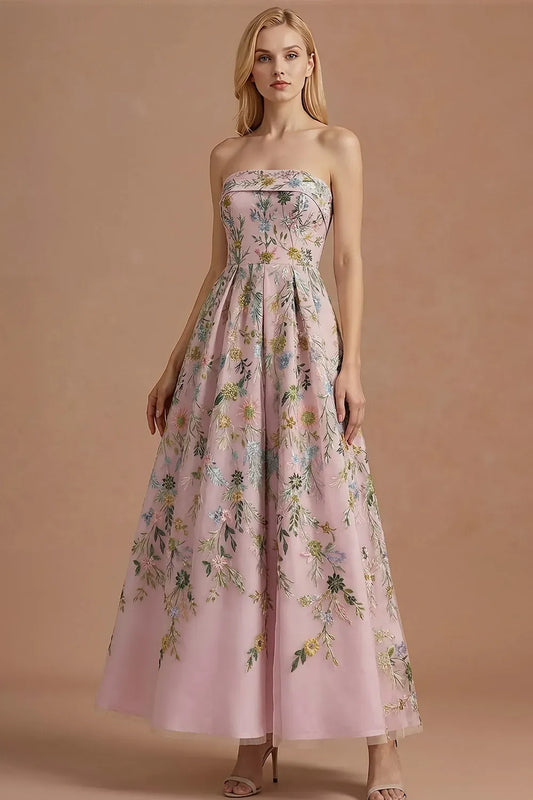 Loverlm blush pink floral embroidered wedding guest dress with strapless straight neckline, fitted bodice and full A-line ankle-length skirt