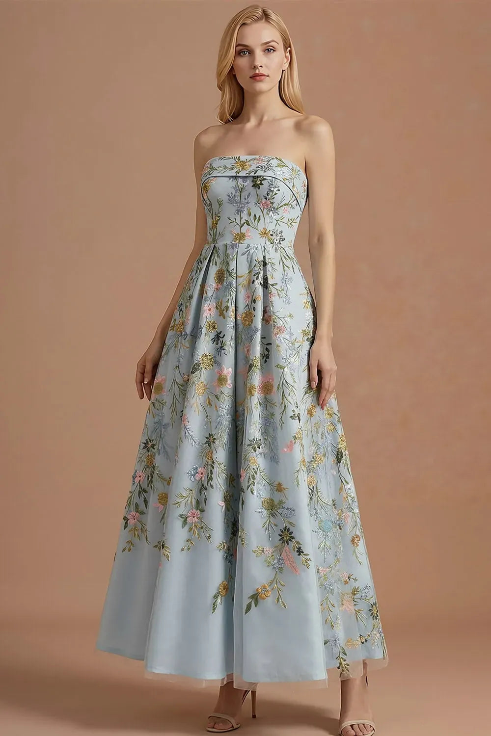 Romantic A-Line Straight-Neck Strapless Zipper-Back Ankle-Length Floral Wedding Guest Dress