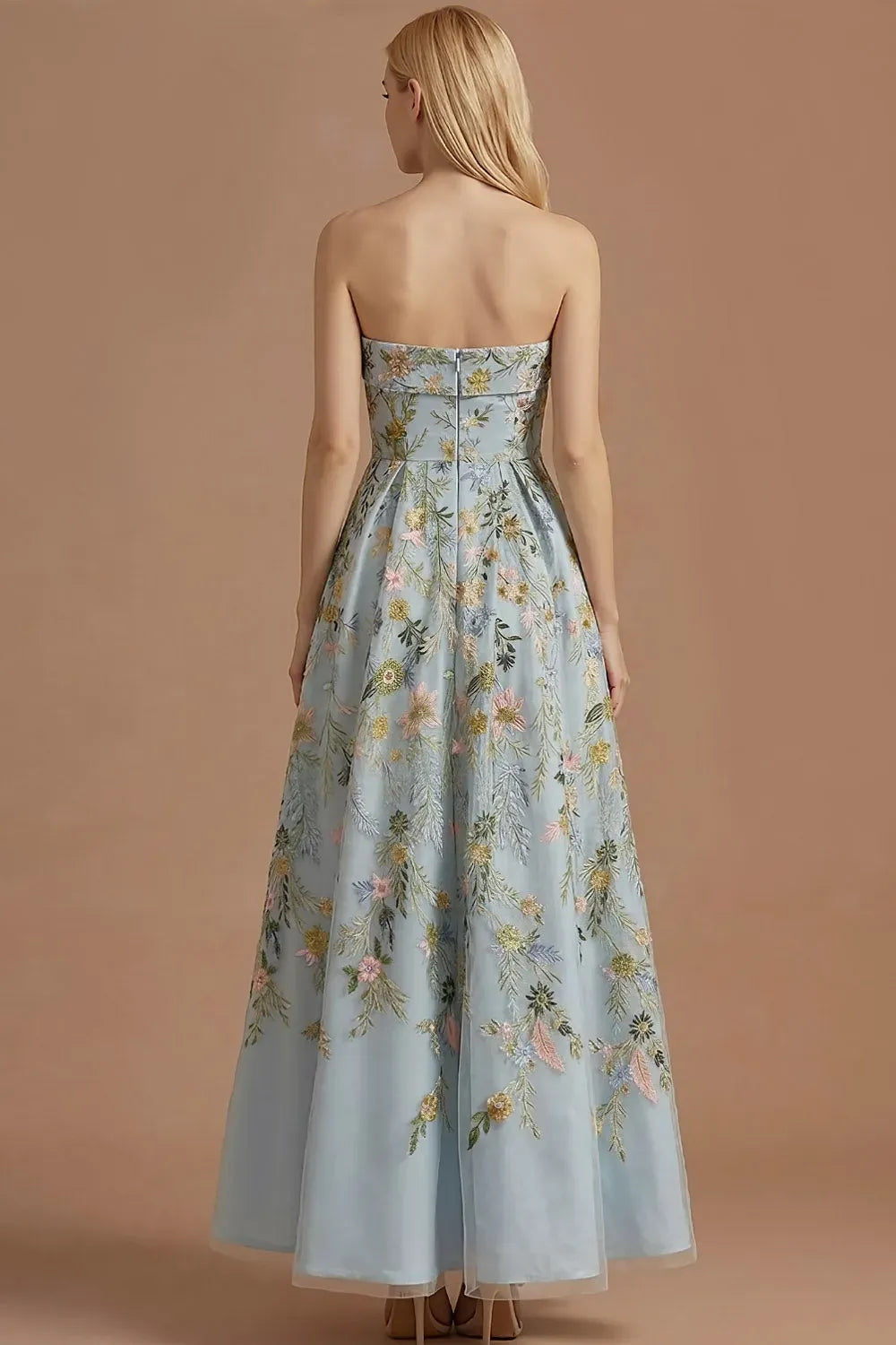 Romantic A-Line Straight-Neck Strapless Zipper-Back Ankle-Length Floral Wedding Guest Dress