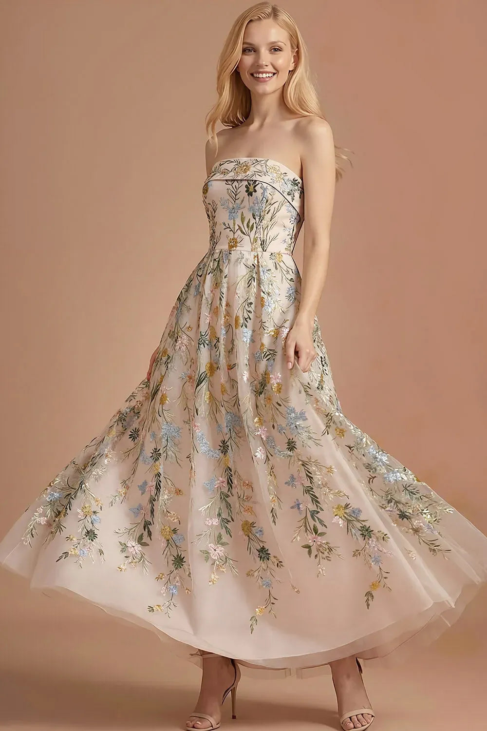 Romantic A-Line Straight-Neck Strapless Zipper-Back Ankle-Length Floral Wedding Guest Dress