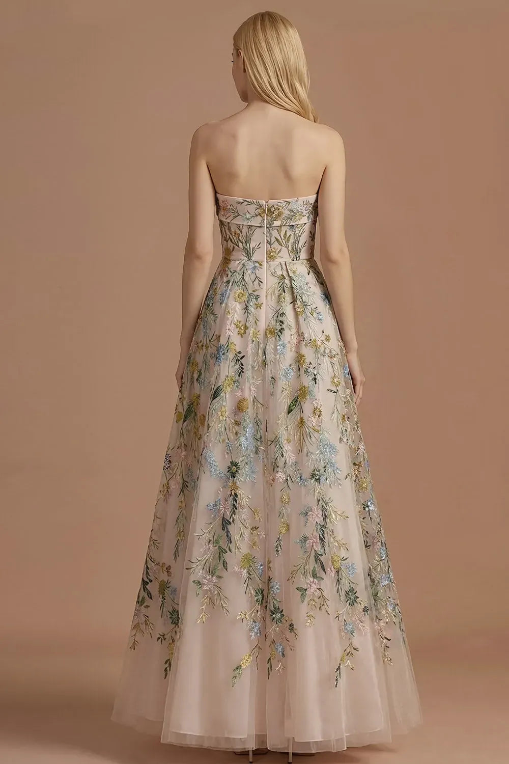 Romantic A-Line Straight-Neck Strapless Zipper-Back Ankle-Length Floral Wedding Guest Dress