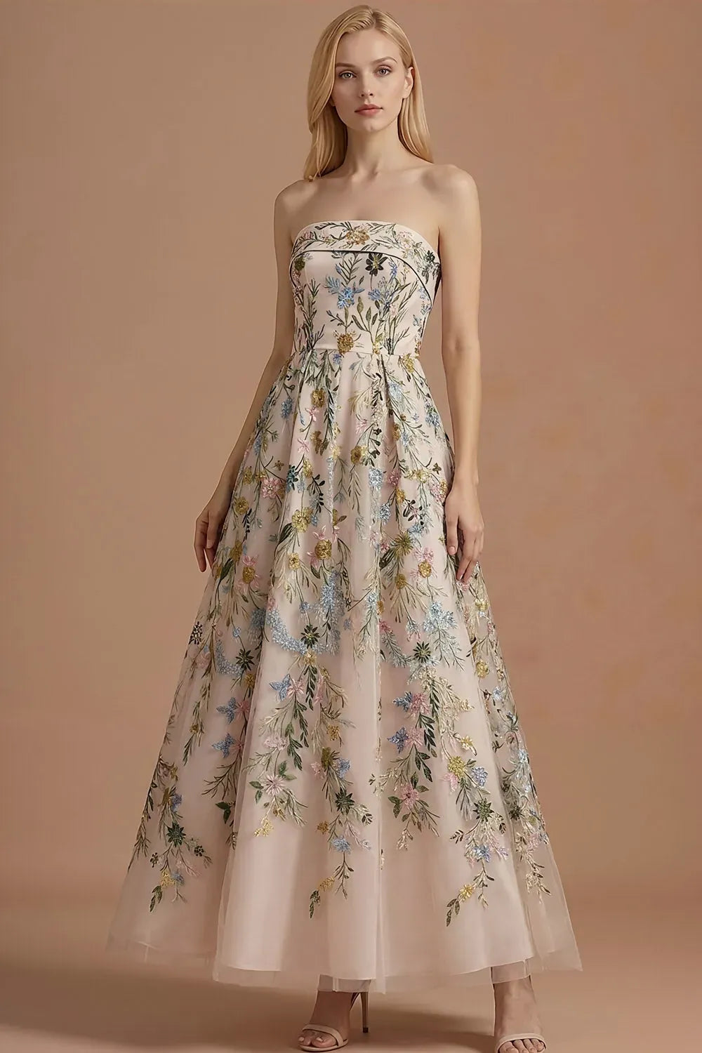 Romantic A-Line Straight-Neck Strapless Zipper-Back Ankle-Length Floral Wedding Guest Dress