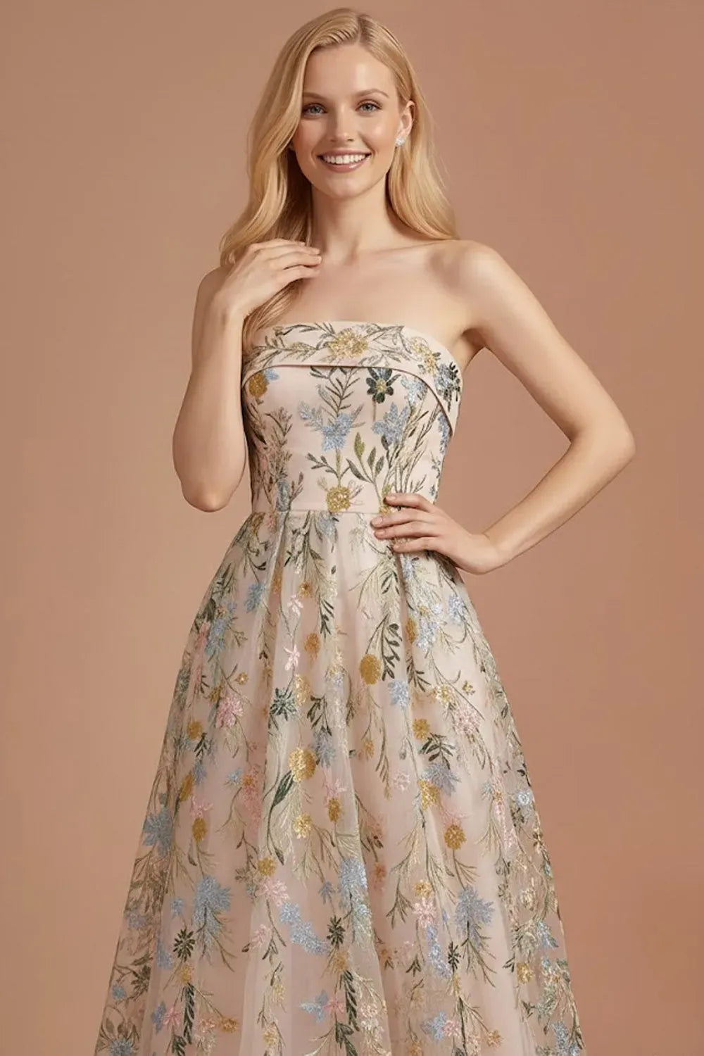 Romantic A-Line Straight-Neck Strapless Zipper-Back Ankle-Length Floral Wedding Guest Dress