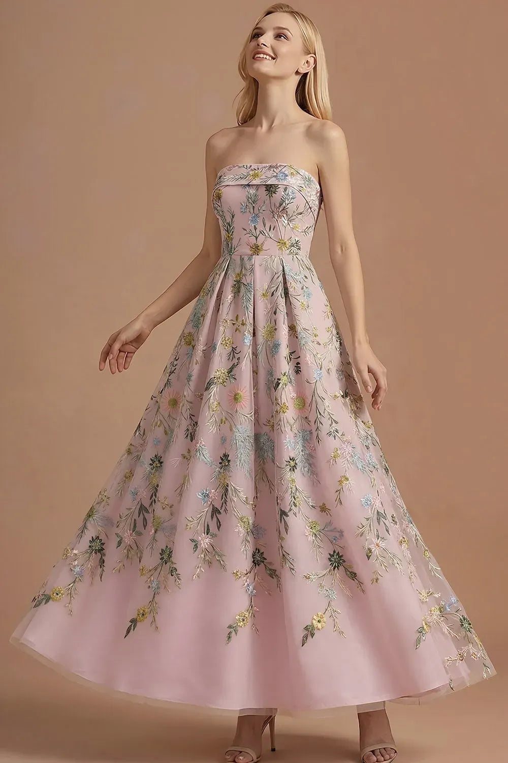 Romantic A-Line Straight-Neck Strapless Zipper-Back Ankle-Length Floral Wedding Guest Dress