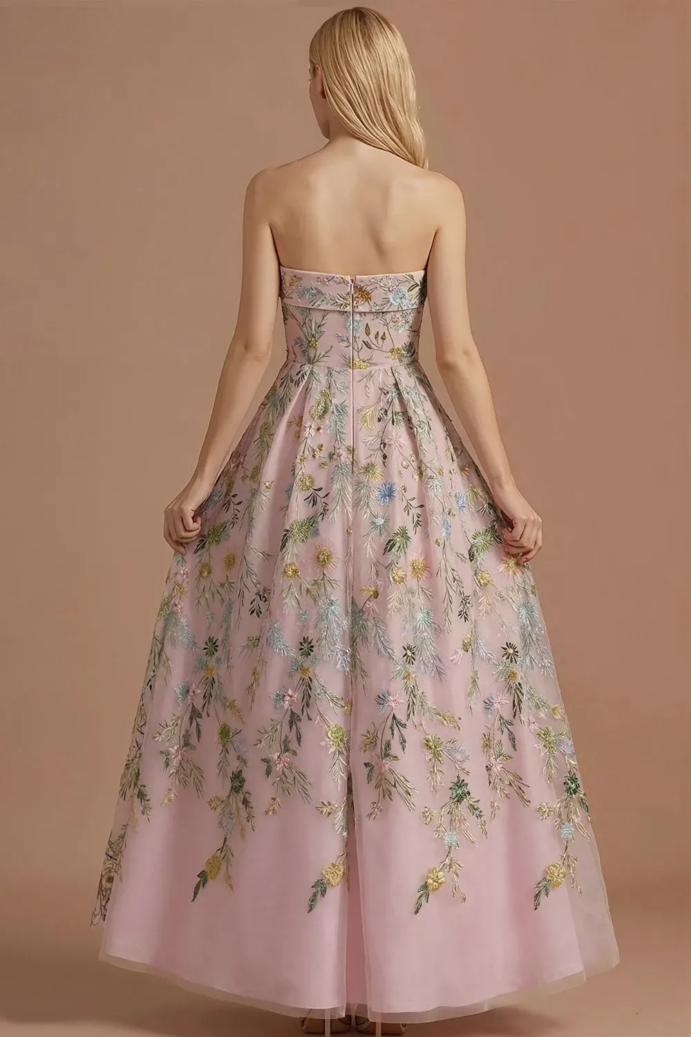 Romantic A-Line Straight-Neck Strapless Zipper-Back Ankle-Length Floral Wedding Guest Dress