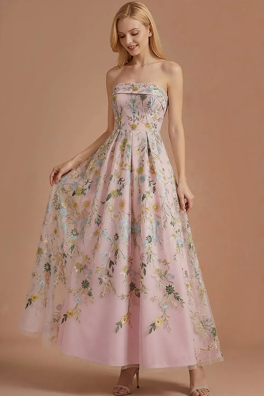 Romantic A-Line Straight-Neck Strapless Zipper-Back Ankle-Length Floral Wedding Guest Dress