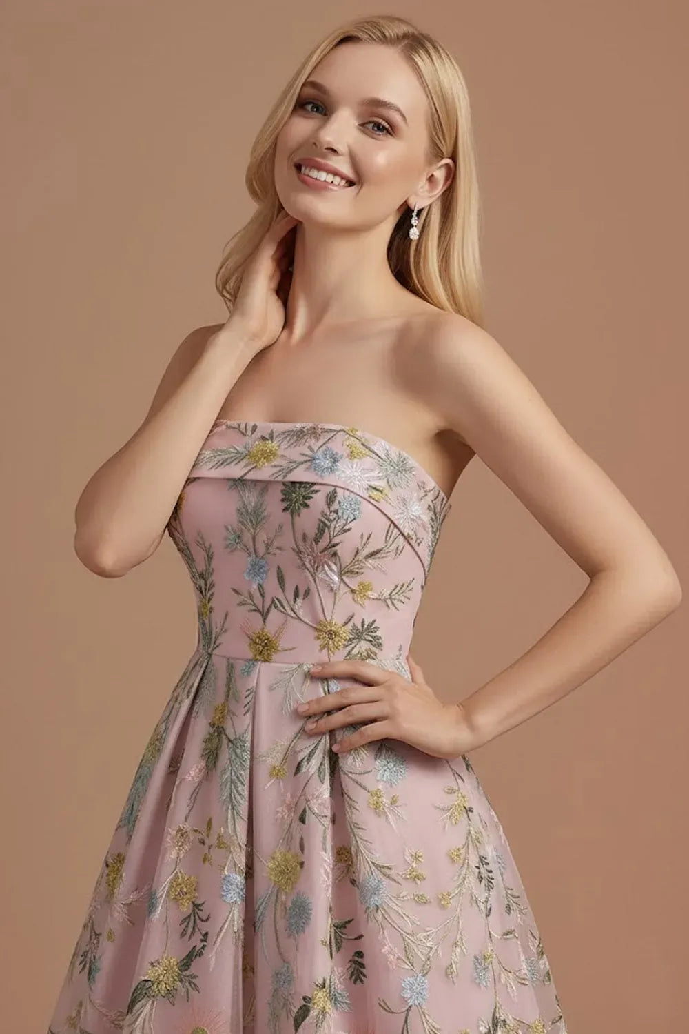 Romantic A-Line Straight-Neck Strapless Zipper-Back Ankle-Length Floral Wedding Guest Dress