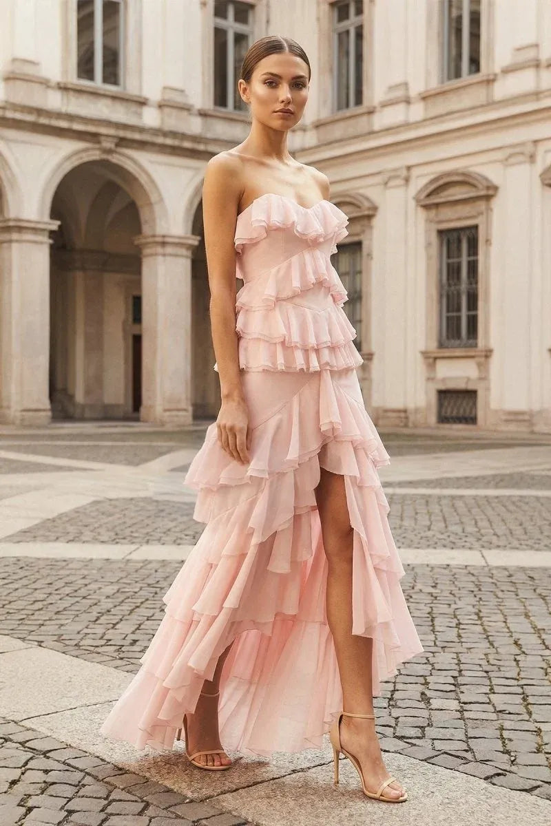 Romantic Sheath Strapless Sleeveless Closed-Back Floor-Length Ruffle Prom Dress