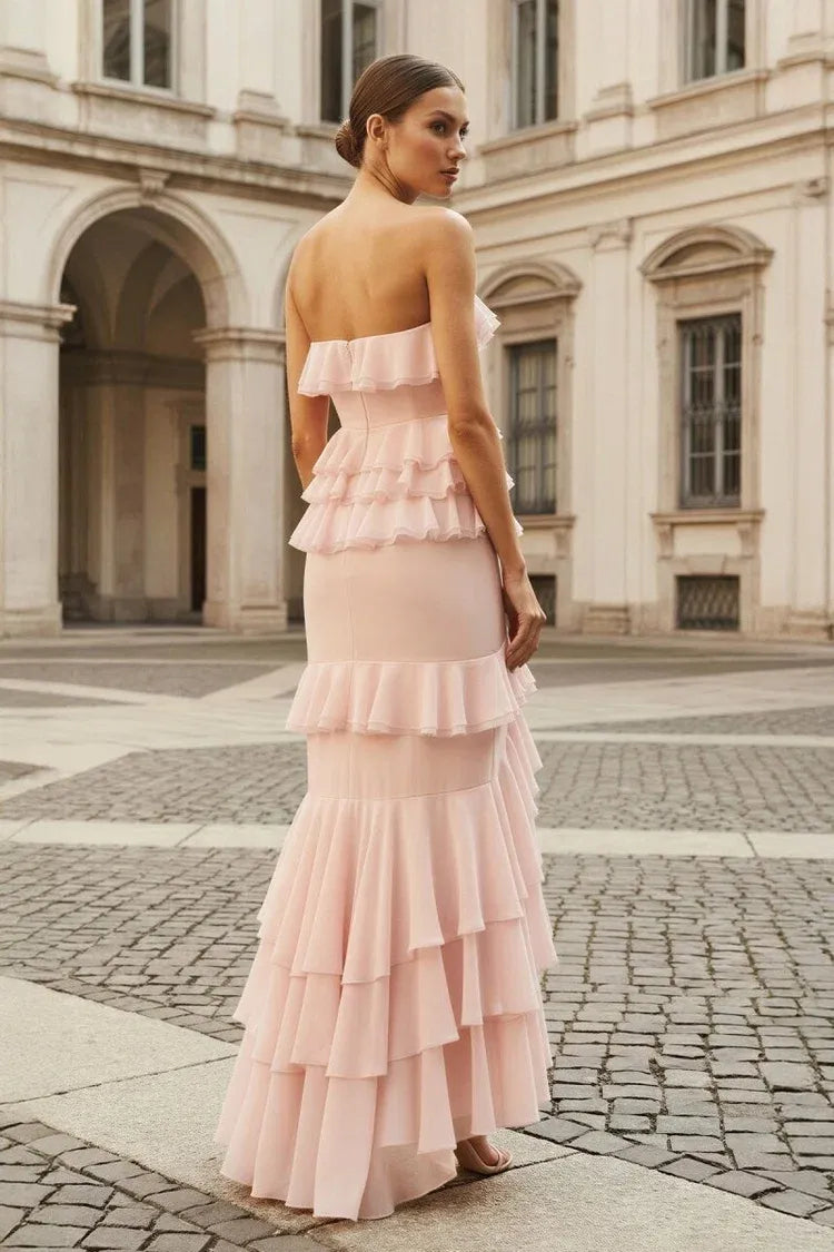 Romantic Sheath Strapless Sleeveless Closed-Back Floor-Length Ruffle Prom Dress