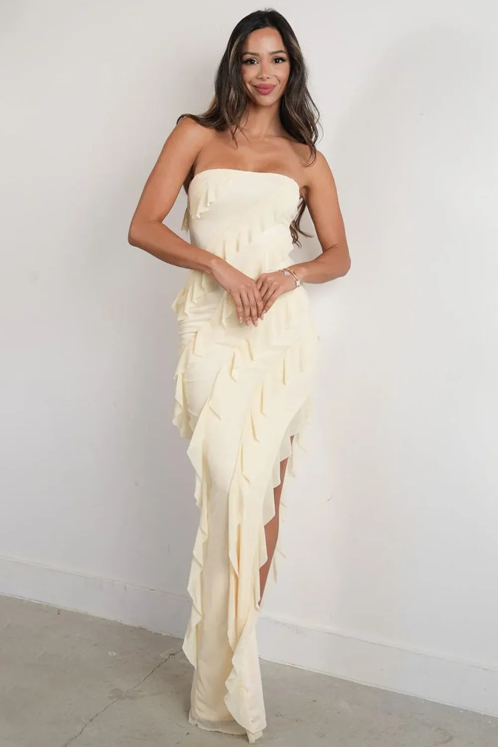 Romantic Chiffon Sheath Bandeau Strapless Ruffled Maxi Wedding Guest Dress