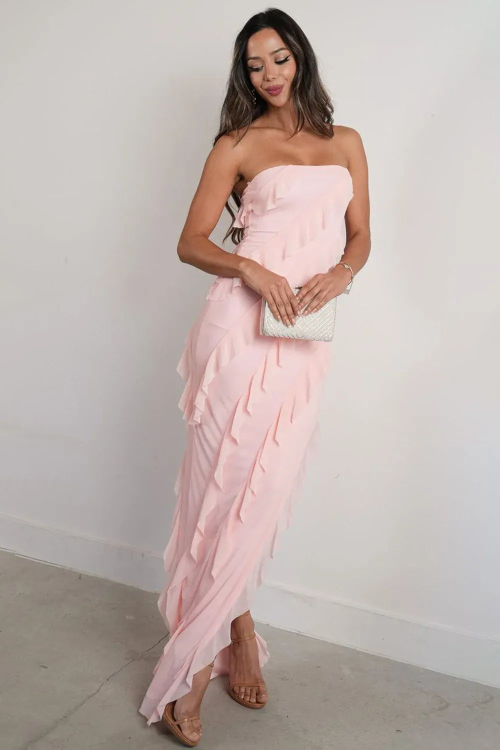 Romantic Chiffon Sheath Bandeau Strapless Ruffled Maxi Wedding Guest Dress