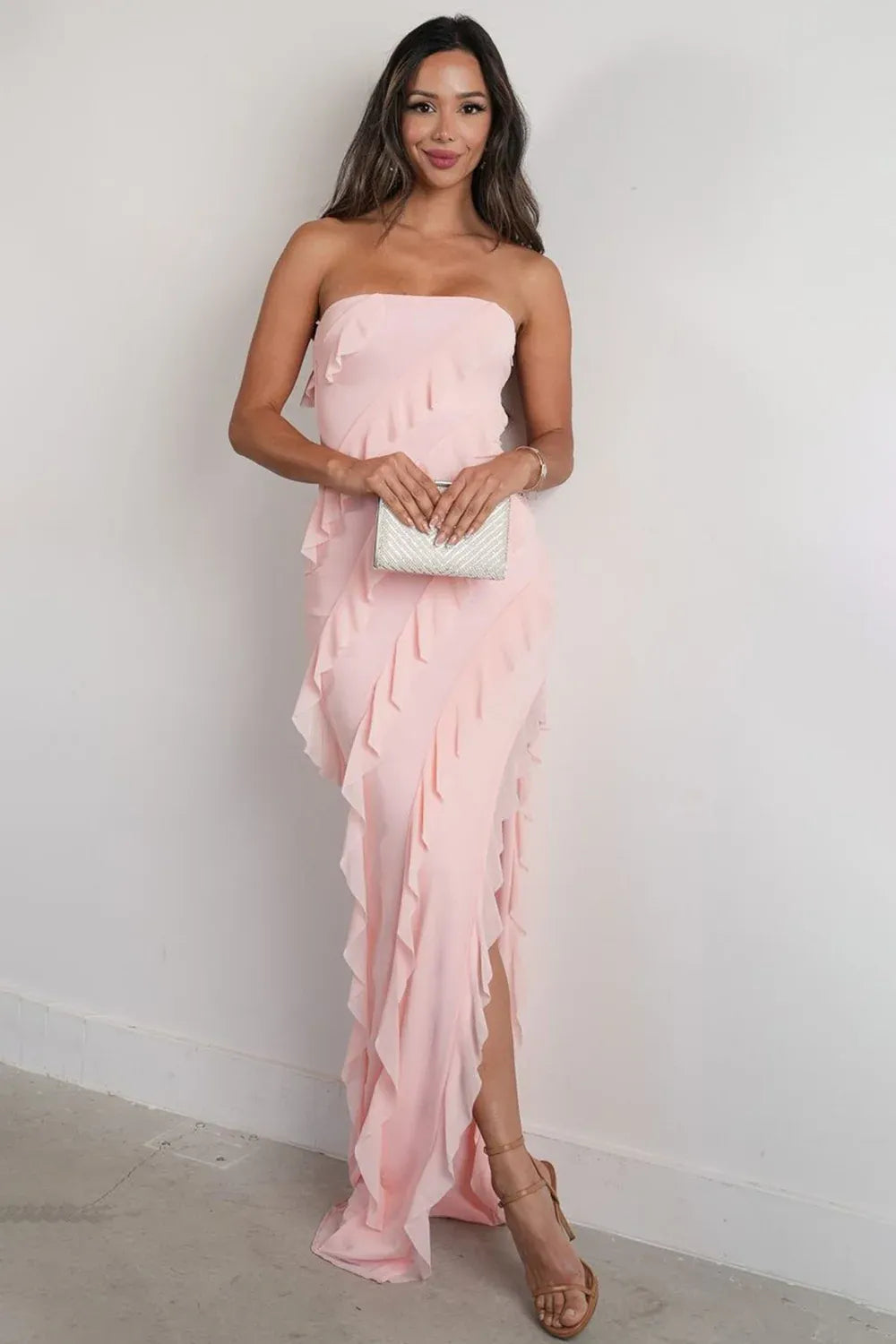Romantic Chiffon Sheath Bandeau Strapless Ruffled Maxi Wedding Guest Dress