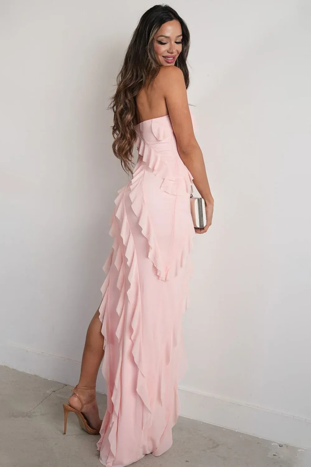 Romantic Chiffon Sheath Bandeau Strapless Ruffled Maxi Wedding Guest Dress
