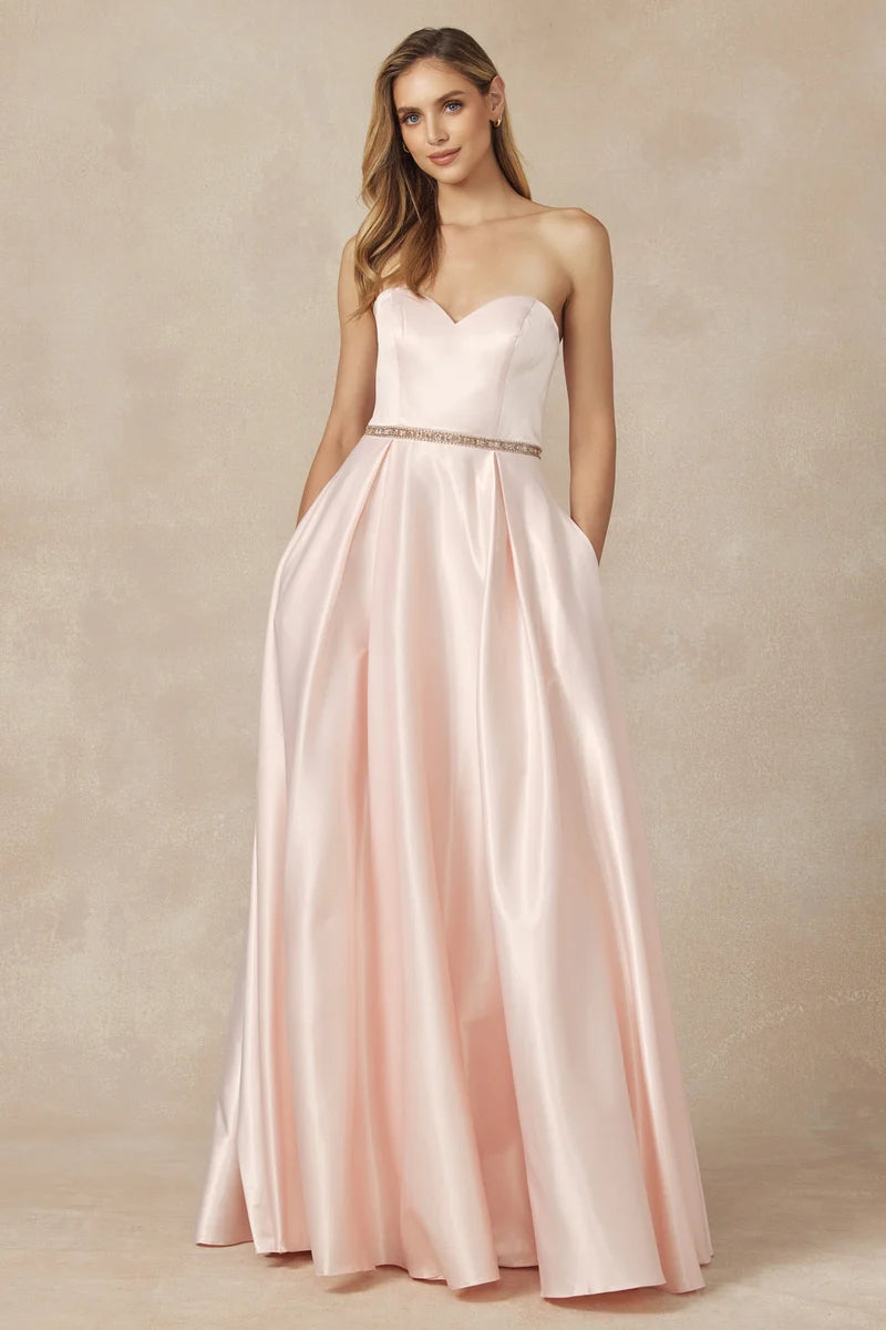 Loverlm blush pink sweetheart strapless satin A-line prom dress front view