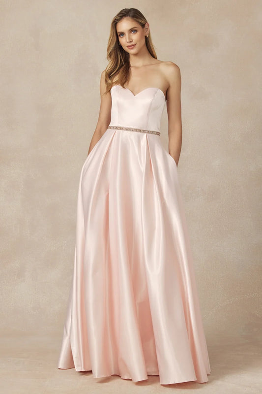 Loverlm blush pink sweetheart strapless satin A-line prom dress front view
