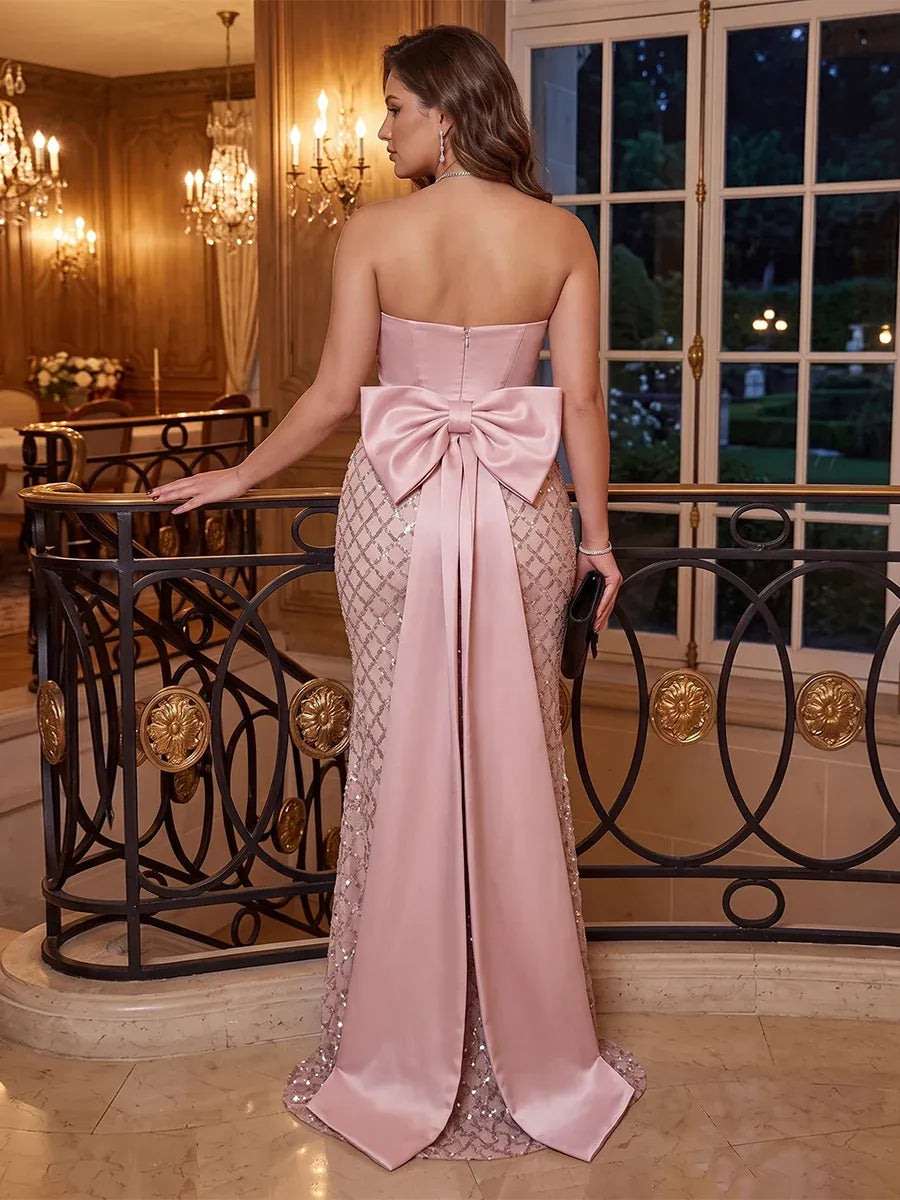 Glamorous Mermaid Sweetheart Strapless Bow-Back Floor-Length Sequin Prom Dress