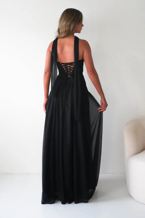 Romantic A-Line Sweetheart Strapless Lace-Up Back Chiffon Floor-Length Prom Dress