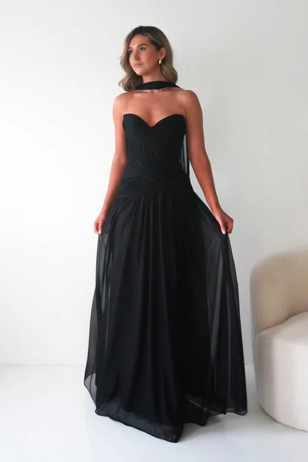 Romantic A-Line Sweetheart Strapless Lace-Up Back Chiffon Floor-Length Prom Dress