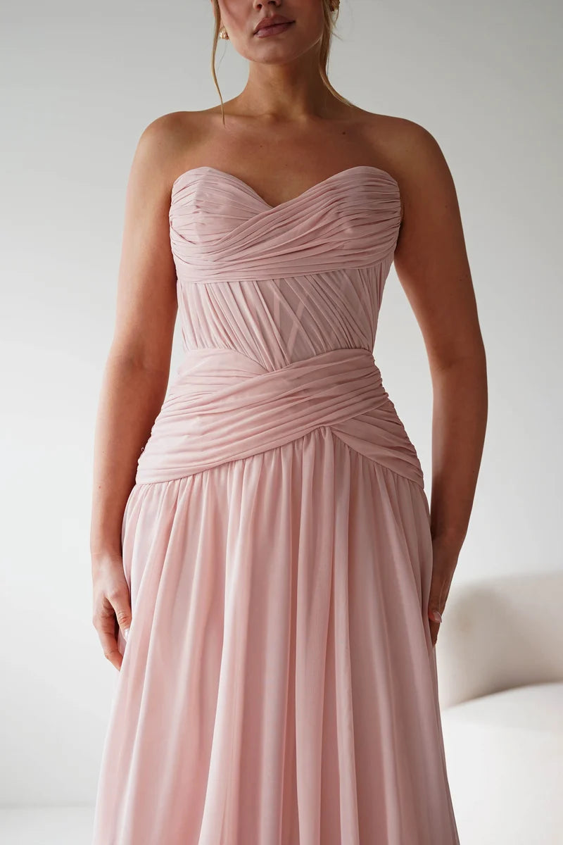 Romantic A-Line Sweetheart Strapless Lace-Up Back Chiffon Floor-Length Prom Dress