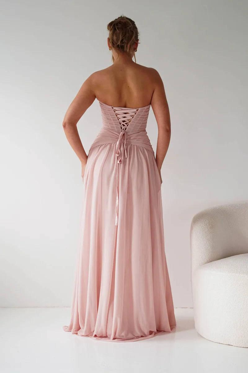 Romantic A-Line Sweetheart Strapless Lace-Up Back Chiffon Floor-Length Prom Dress